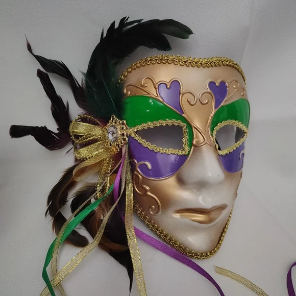 Gold and Purple Masquerade Mask with Feathers - Picture 2 of 7